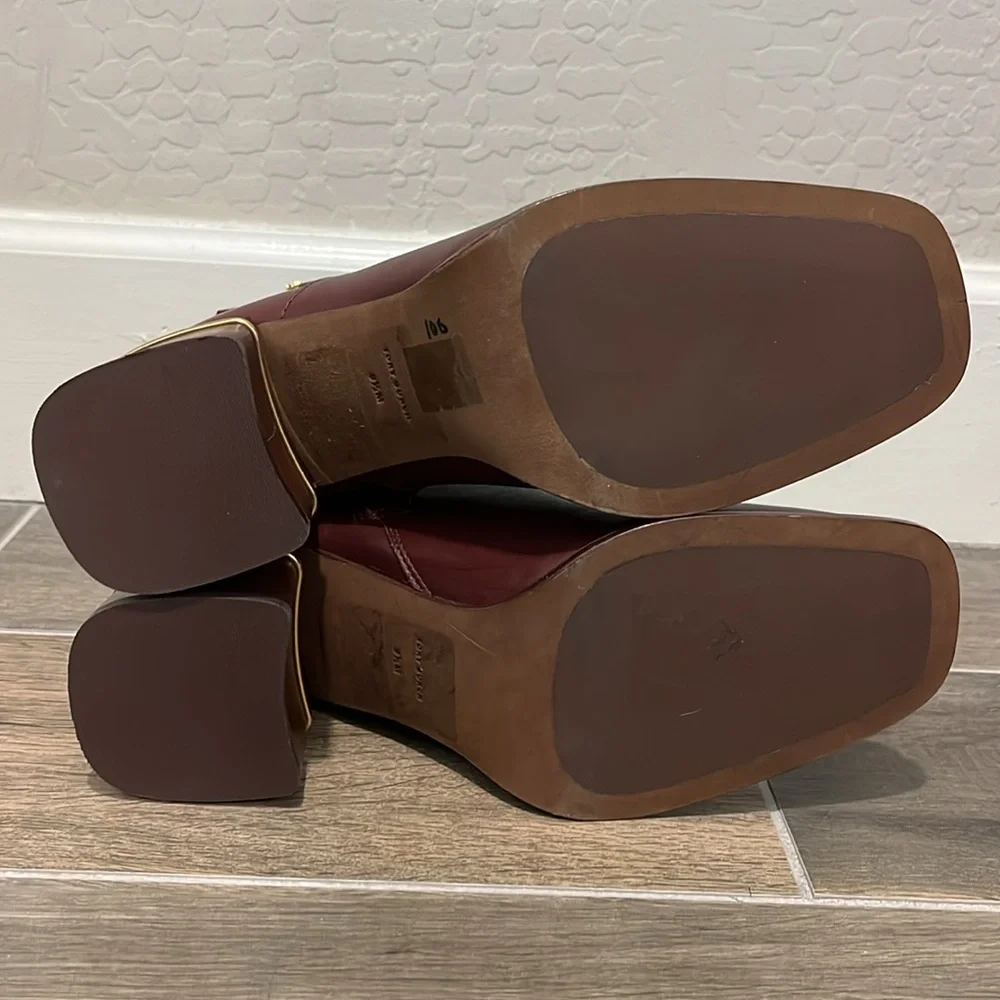 NEW Tory Burch Multi Logo Buckle Leather Heeled Boot in Claret Size 9.5